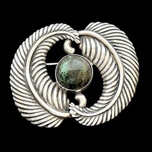 Los Castillo RARE Taxco vintage sterling green stone feather brooch pin